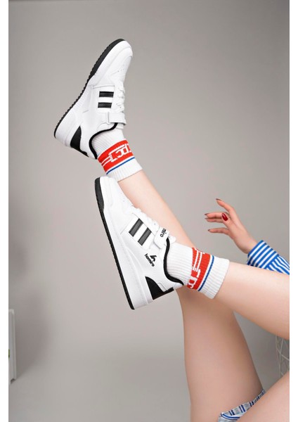 Unisex Bağcıklı Cırtlı Spor Sneaker Ayakkabı-Beyaz-Siyah fırsatları