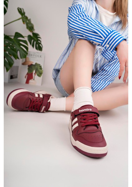 Unisex Bağcıklı Cırtlı Spor Sneaker Ayakkabı-Bordo-Beyaz