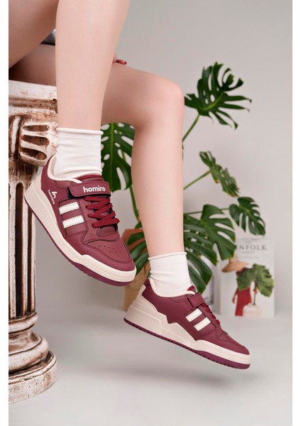 Unisex Bağcıklı Cırtlı Spor Sneaker Ayakkabı-Bordo-Beyaz fiyatları