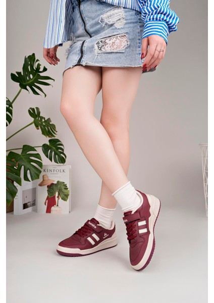 Unisex Bağcıklı Cırtlı Spor Sneaker Ayakkabı-Bordo-Beyaz modelleri