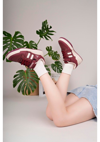 Unisex Bağcıklı Cırtlı Spor Sneaker Ayakkabı-Bordo-Beyaz fırsatları