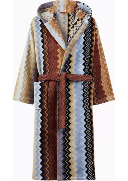 Unisex Giacomo Kapşonlu Bornoz, Pamuklu Kadife, Zikzak Desenli & Konforlu
