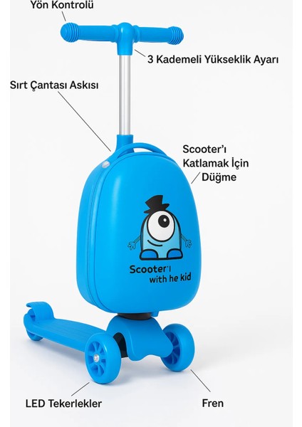 Valiz - Scooter Valiz - Wexta Heybee Serisi Çıkarılabilir Sırt Çantalı Mavi Scooter