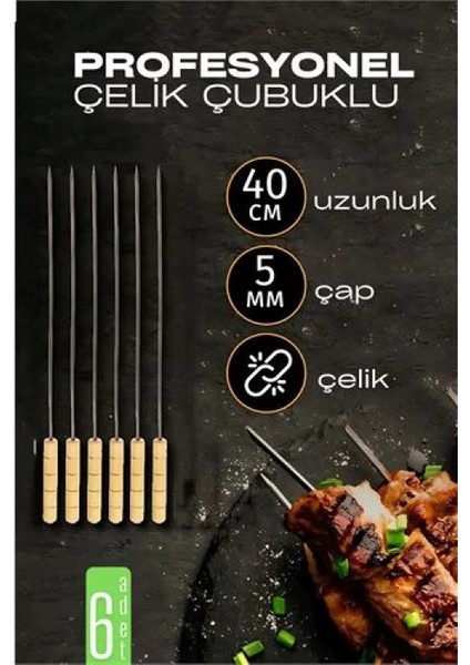 Modacar Çelik Şiş Çubuğu - Mangal Şişi Ahşap Saplı Kebap Şişi 6 Adet