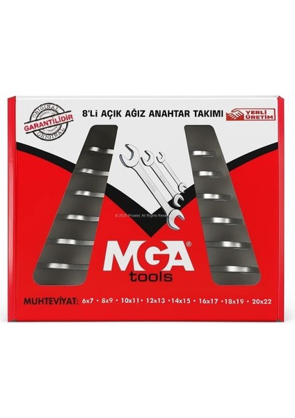 Mga Iki Ağız Açık Anahtar Takımı 8 Li Set, Krom Vanadyum Çelik, Ev ve Araç Tamiri Için Dayanıklı Anahtar Seti