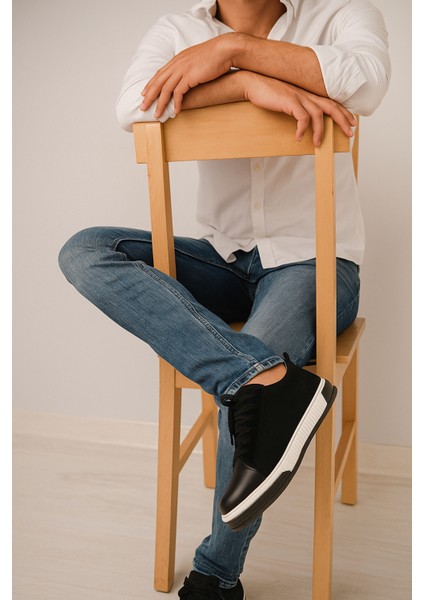 GR0265 Hakiki Deri & Nubuk Kaydırmaz Çift Renk Yüksek Ray Taban Siyah Renk Erkek Sneaker Ayakkabı