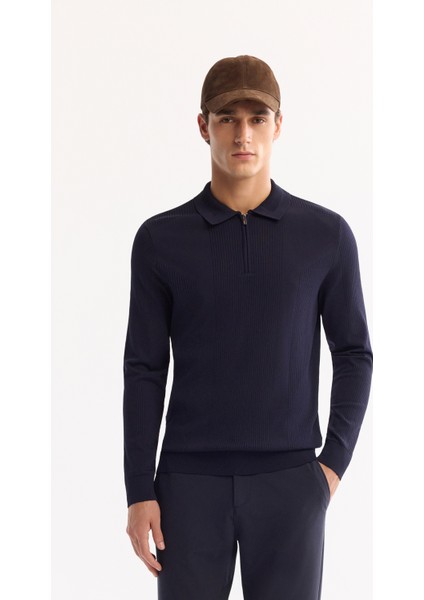 Erkek Lacivert Polo Yaka Fermuarlı Rayon Tüylenmeyen Dokulu Triko Regular Fit Kazak A52Y5019