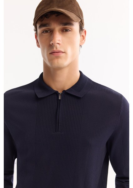 Erkek Lacivert Polo Yaka Fermuarlı Rayon Tüylenmeyen Dokulu Triko Regular Fit Kazak A52Y5019 indirimleri