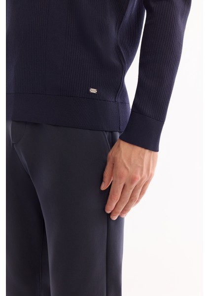 Erkek Lacivert Polo Yaka Fermuarlı Rayon Tüylenmeyen Dokulu Triko Regular Fit Kazak A52Y5019