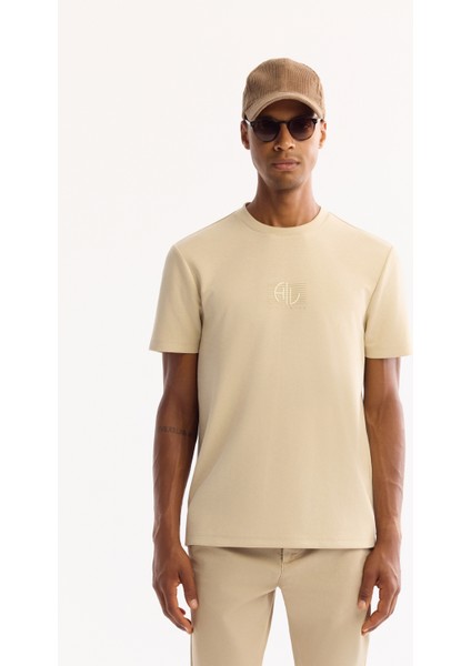 Erkek Bej Bisiklet Yaka Viskon Karışımlı Bi-Stretch Baskılı Regular Fit T-Shirt A52Y1020 fiyatları