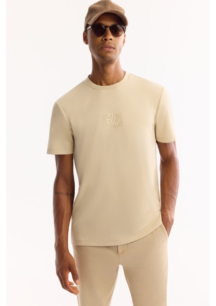 Erkek Bej Bisiklet Yaka Viskon Karışımlı Bi-Stretch Baskılı Regular Fit T-Shirt A52Y1020 modelleri