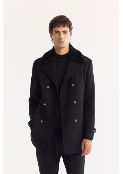 Erkek Siyah Kruvaze Yün Karışımlı Kaşe Regular Fit Kaban A52Y6069