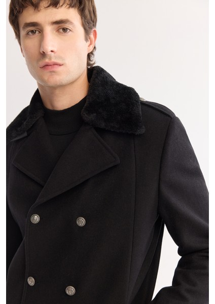 Erkek Siyah Kruvaze Yün Karışımlı Kaşe Regular Fit Kaban A52Y6069 fiyatları