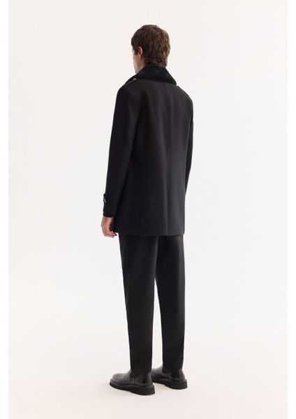 Erkek Siyah Kruvaze Yün Karışımlı Kaşe Regular Fit Kaban A52Y6069 fırsatları