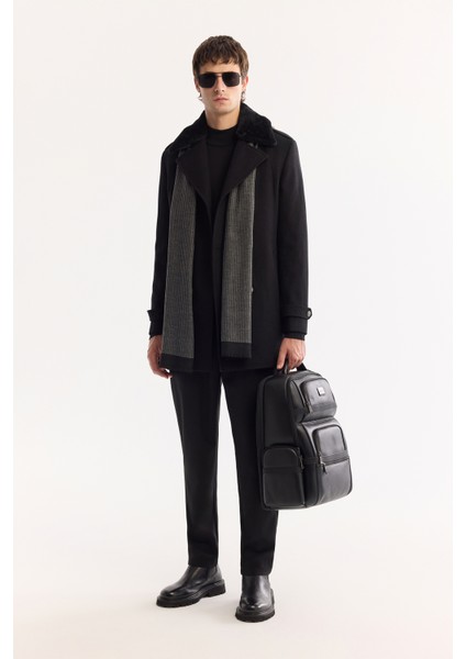 Erkek Siyah Kruvaze Yün Karışımlı Kaşe Regular Fit Kaban A52Y6069