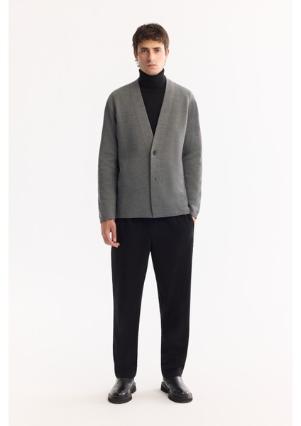 Erkek Gri Şal Yaka Düğmeli Yün Karışımlı Regular Fit Hırka A52Y5049