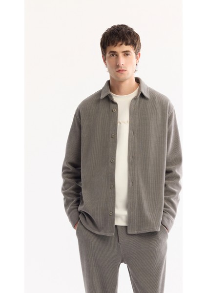 Erkek Gri Klasik Yaka Kadife Comfort Fit Gömlek Ceket A52Y2103