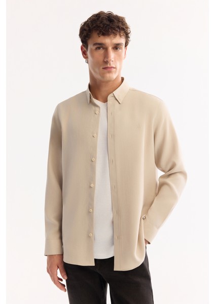 Erkek Bej Düğmeli Yaka Soft Touch Regular Fit Gömlek A52Y2061