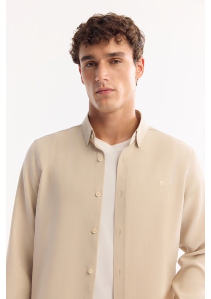 Erkek Bej Düğmeli Yaka Soft Touch Regular Fit Gömlek A52Y2061