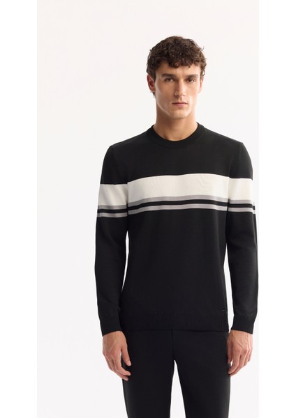 Erkek Siyah Bisiklet Yaka Çizgili Triko Regular Fit Kazak A52Y5034 fiyatları