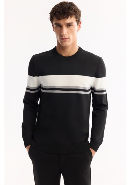 Erkek Siyah Bisiklet Yaka Çizgili Triko Regular Fit Kazak A52Y5034 fırsatları