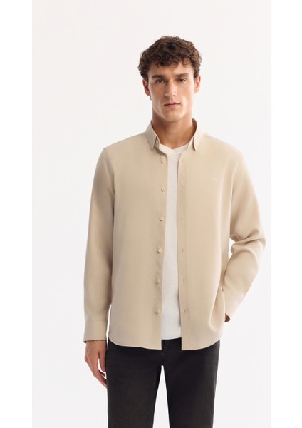 Erkek Bej Düğmeli Yaka Soft Touch Regular Fit Gömlek A52Y2061