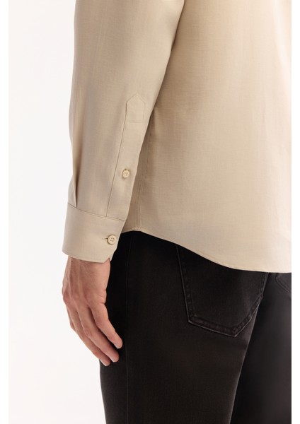 Erkek Bej Düğmeli Yaka Soft Touch Regular Fit Gömlek A52Y2061