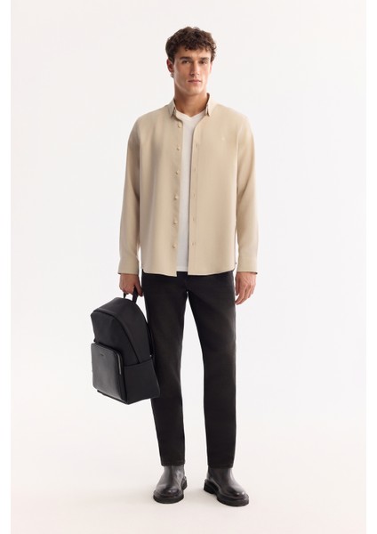 Erkek Bej Düğmeli Yaka Soft Touch Regular Fit Gömlek A52Y2061