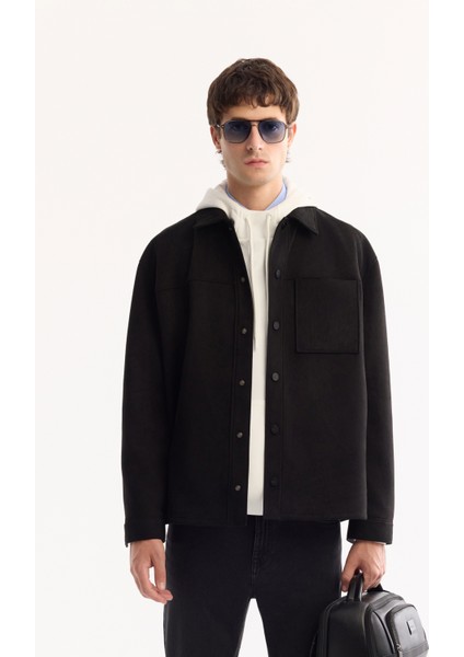 Erkek Siyah Klasik Yaka Soft Touch Süet Dokulu Comfort Fit Gömlek Ceket A52Y6004