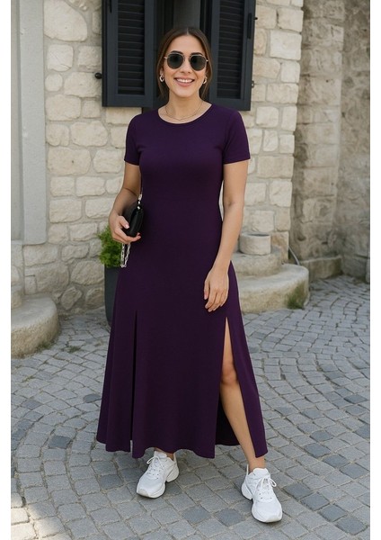 Kadın Kısa Kollu Sırt Dekolteli Yırtmaç Detaylı Viskon Elbise fiyatları