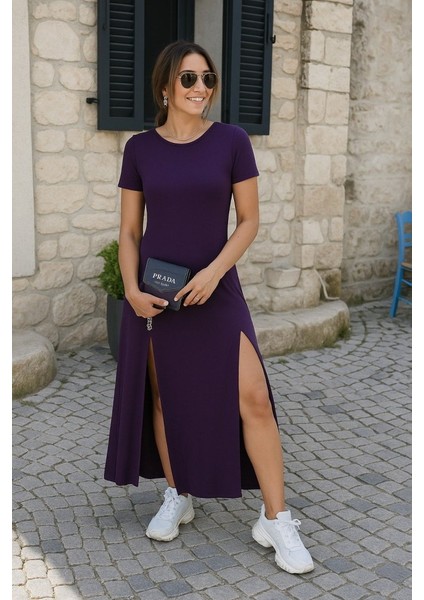 Miracotton Kadın Kısa Kollu Sırt Dekolteli Yırtmaç Detaylı Viskon Elbise