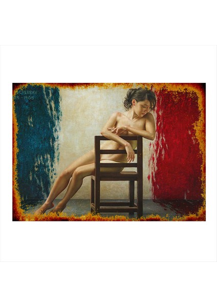 Fransa Bayrağı ve Kadın Desenli Ahşap Tablo 50 cm x 70 cm