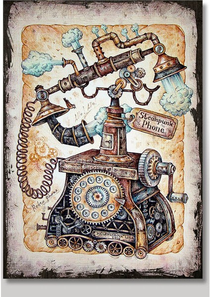 Ahşap Tablo 50 cm x 70 cm Eski Nostaljik Çevirmeli Telefon Görseli Baskılı