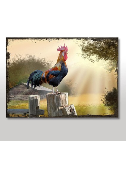 Ahşap Tablo Sabah Horozu Iş Başında Baskılı 50 cm x 70 cm