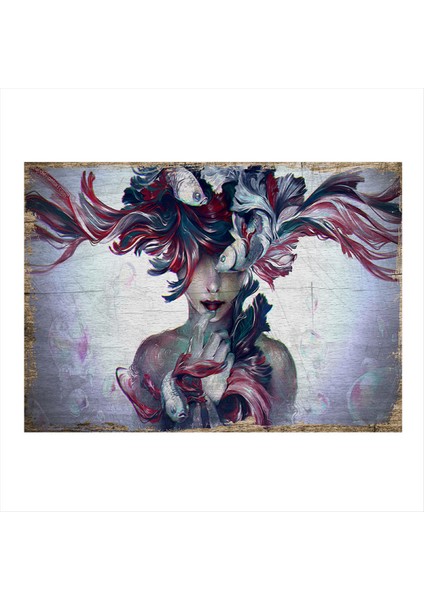 Balıklar ve Kadın Modern Ahşap Tablo 50 cm x 70 cm