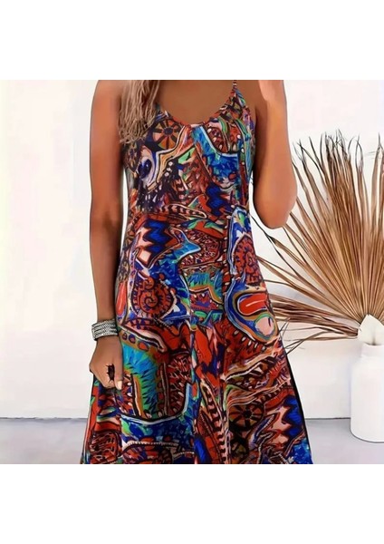Kadın Ip Askılı V Yakalı Desenli Kısa Süprem Elbise