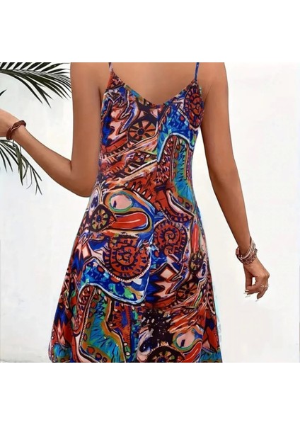 Kadın Ip Askılı V Yakalı Desenli Kısa Süprem Elbise fiyatları