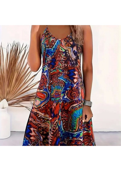 Kadın Ip Askılı V Yakalı Desenli Kısa Süprem Elbise modelleri