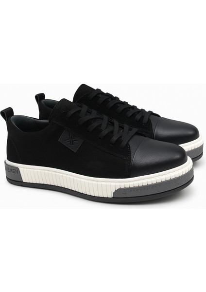 GR0265 Hakiki Deri & Nubuk Kaydırmaz Çift Renk Yüksek Ray Taban Siyah Renk Erkek Sneaker Ayakkabı