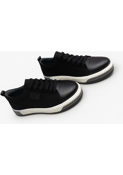 GR0265 Hakiki Deri & Nubuk Kaydırmaz Çift Renk Yüksek Ray Taban Siyah Renk Erkek Sneaker Ayakkabı