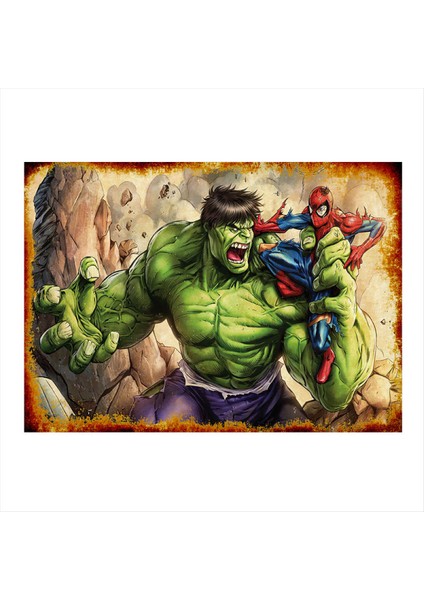 Hulk ve Örümcek Adam Tasarım Ahşap Tablo 35 cm x 50 cm