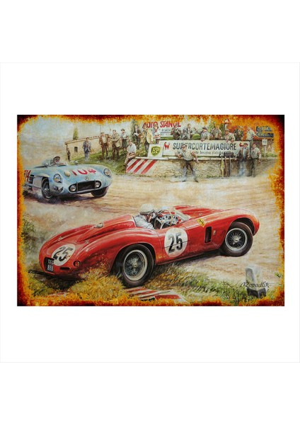 Retro Araba Yarışı Tasarım Ahşap Tablo 35 cm x 50 cm