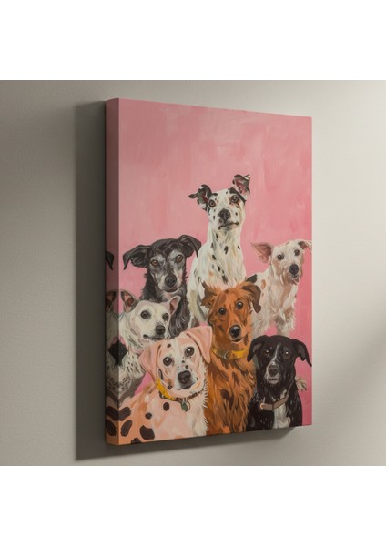 Pembe Arka Planlı Köpek Portreleri Tablosu