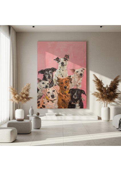 Pembe Arka Planlı Köpek Portreleri Tablosu fırsatları