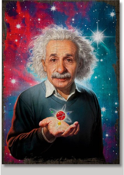 Ahşap Tablo Dahi Albert Einstein Atomun Simgesi Görseli Baskılı 35 cm x 50 cm