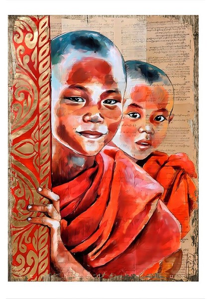 Iki Budist Çocuk Art Mdf Tablo 35 cm x 50 cm