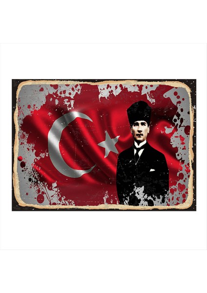Mustafa Kemal Atatürk ve Bayrak Modern Ahşap Tablo 35 cm x 50 cm