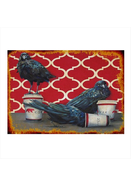 Kahve ve Kargalar Desenli Ahşap Tablo 35 cm x 50 cm