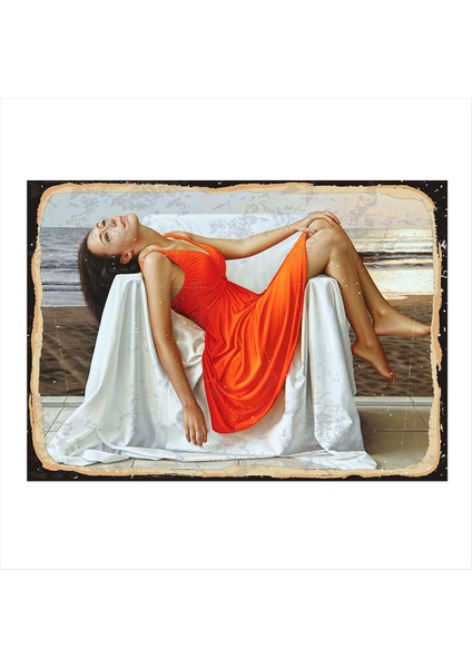 Turuncu Elbiseli Kadın Dekoratif Mdf Tablo 35 cm x 50 cm