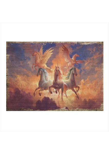 Unikorn Boynuzlu Atlar Tasarım Ahşap Tablo 35 cm x 50 cm